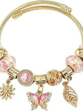 NEW Gold Charm Bracelet with Butterfly Daisy & Leaf Charms Butterfly Jewelry